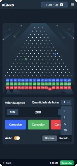 Jogabilidade de Plinko 1000 com a bola quicando pelos pinos